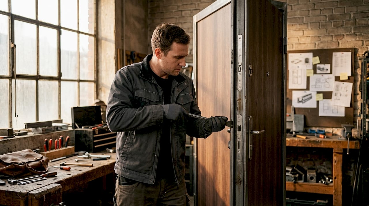 Security expert testing door resistance in workshop