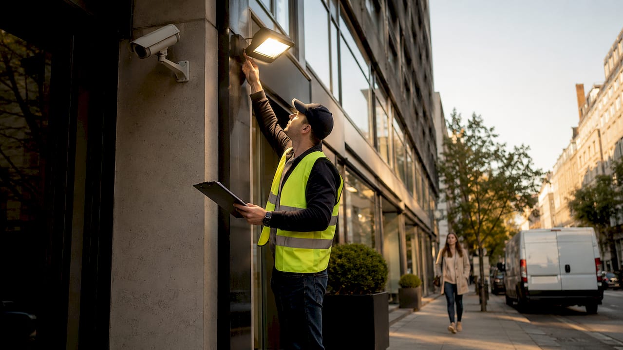 Security professional adjusting floodlight outside business
