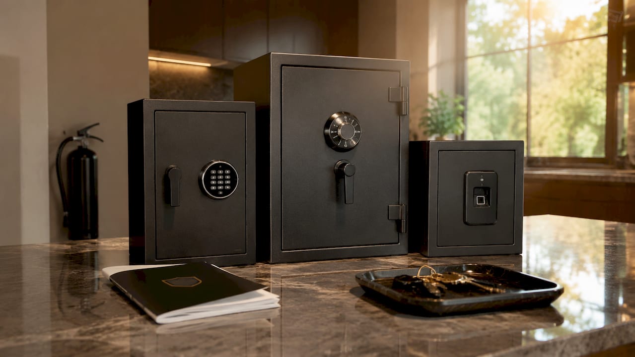 Various indoor safe types on wooden table