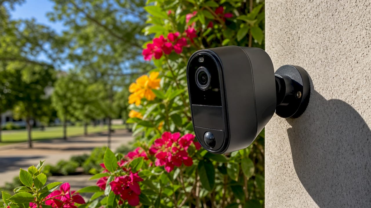 Close-up of modern outdoor security camera features on wall