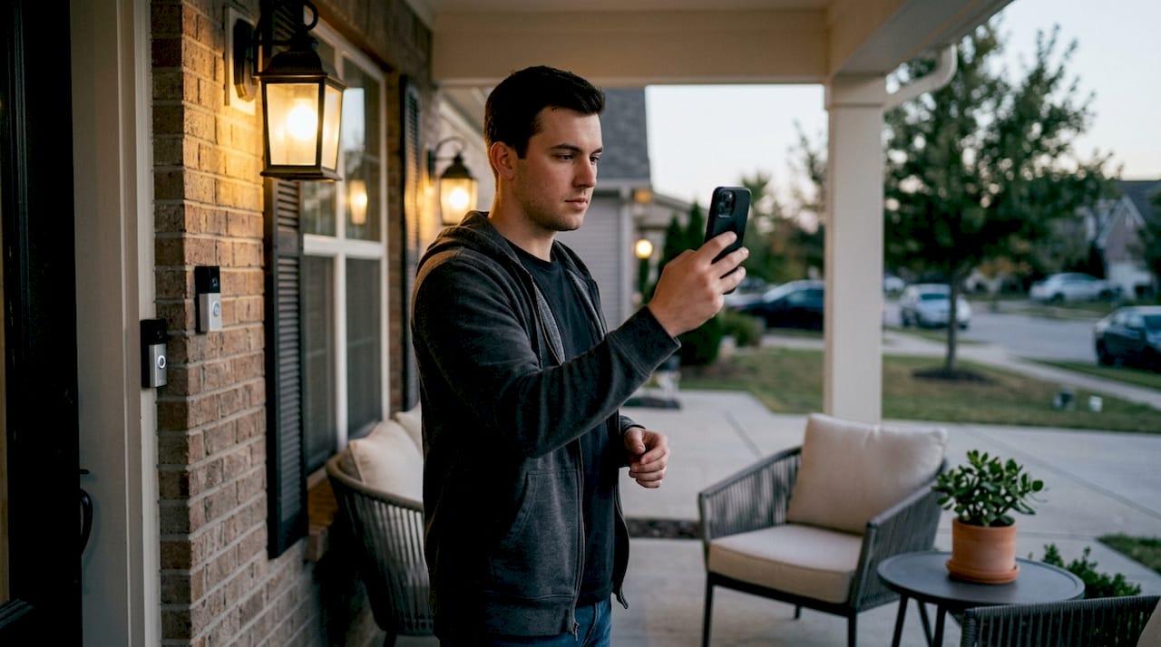 Man viewing front door video on smartphone