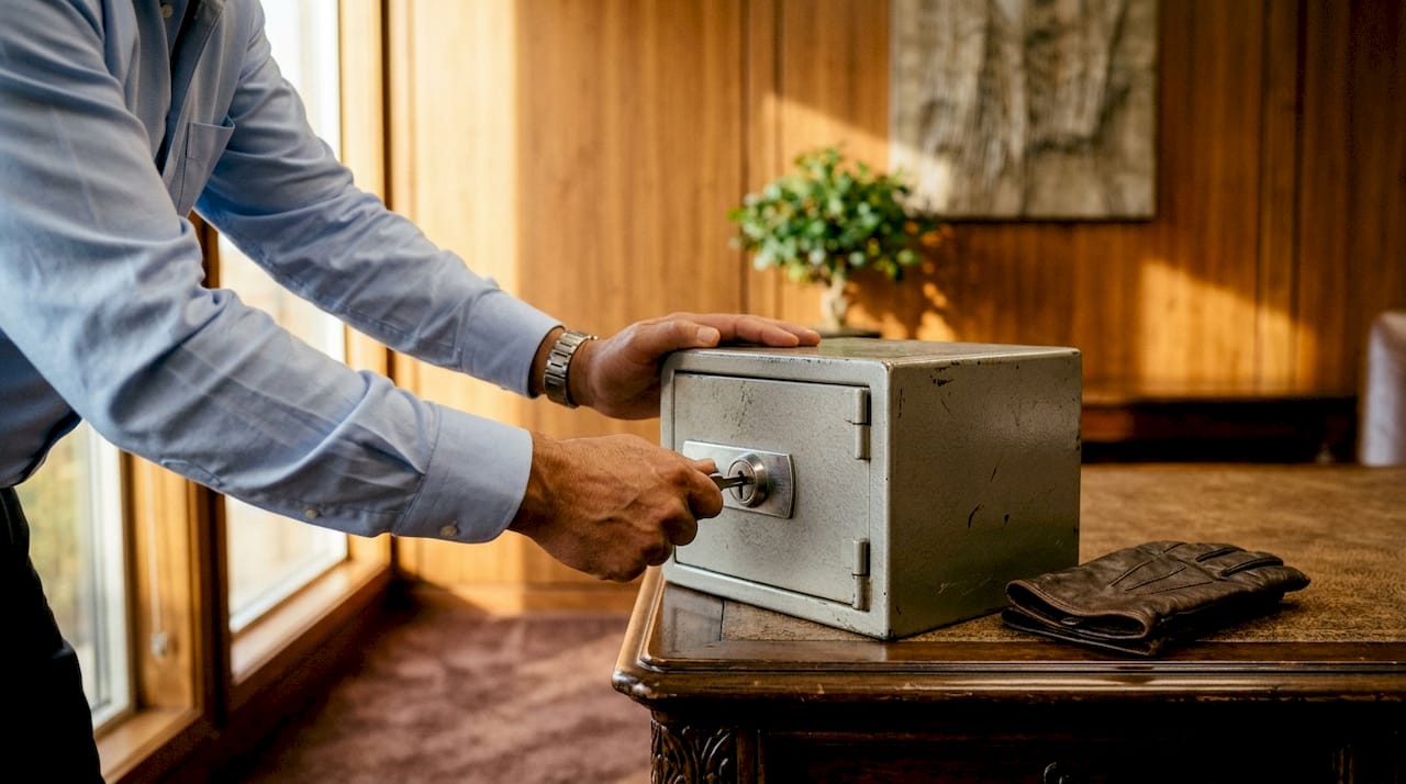 Hands unlocking safe deposit box inside bank vault