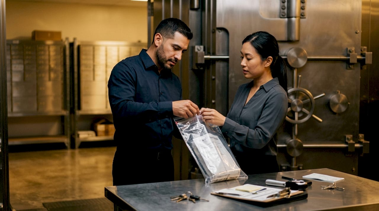 Two bank employees preparing deposit bag securely