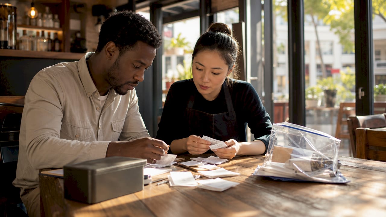 Two employees performing dual control cash reconciliation