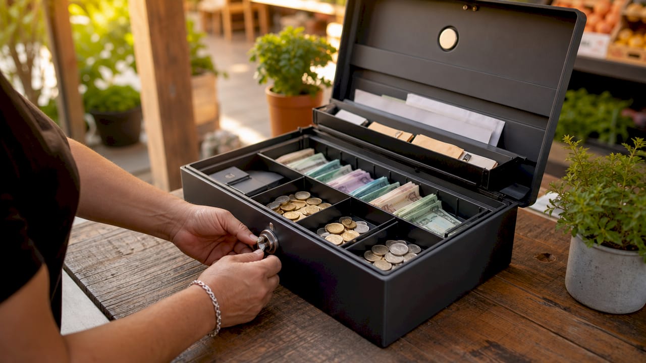 Opened cash box safe with organized cash compartments