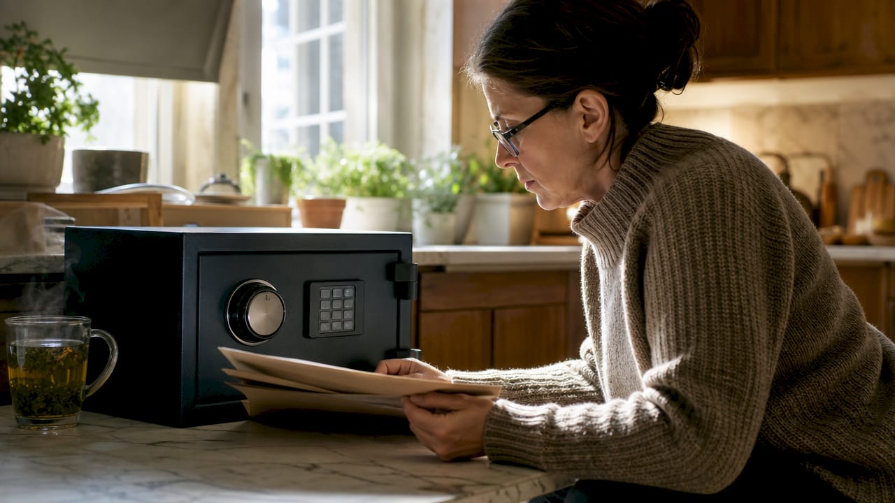 Woman organizing documents beside dual-lock safe