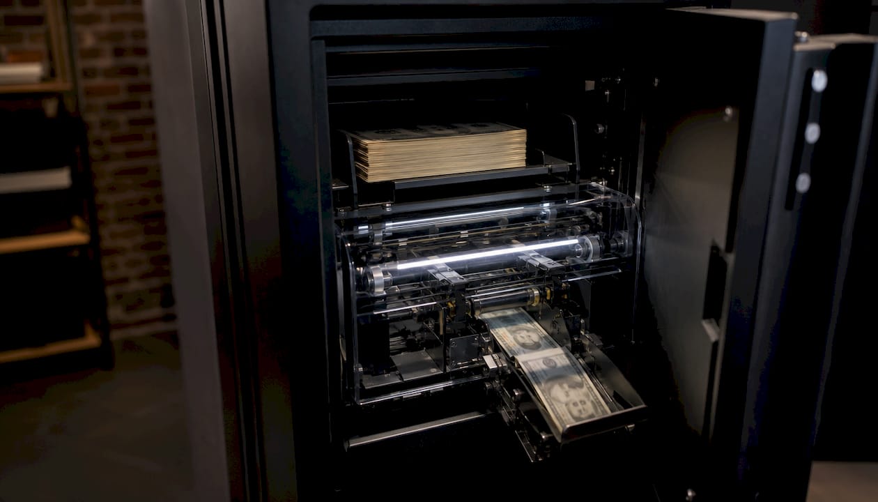 Close-up of cash safe's bill counting mechanism