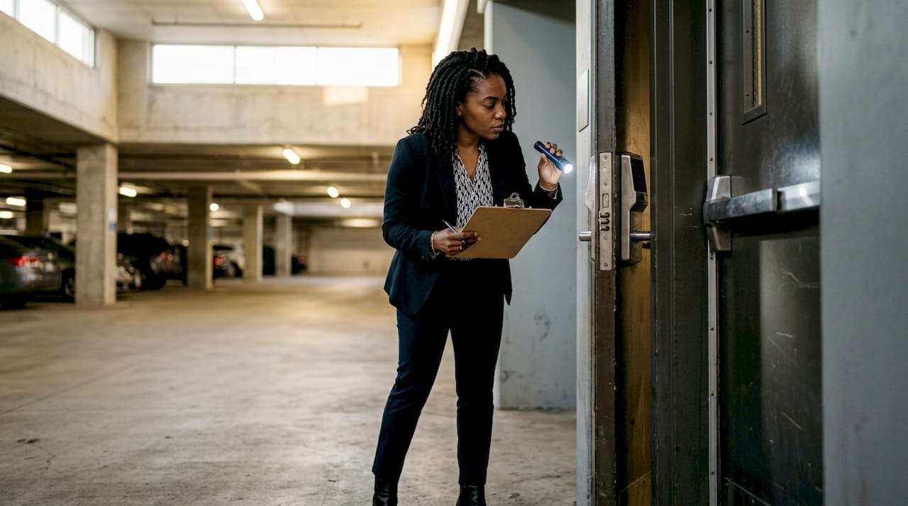 Woman inspecting reinforced commercial door lock