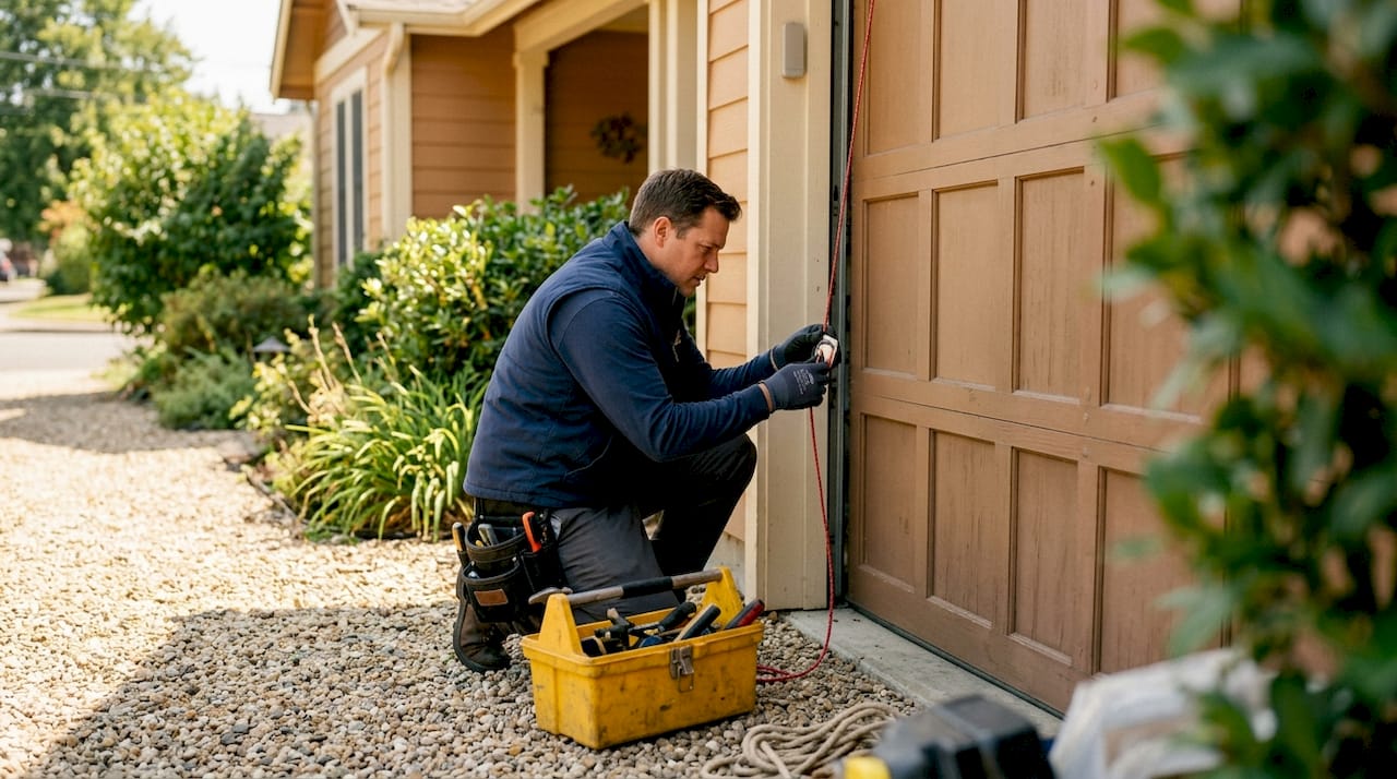 Technician installing garage door protector