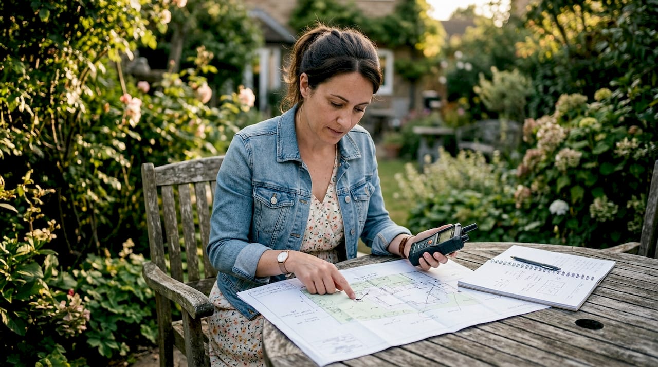 Technician planning surveillance camera placement outdoors