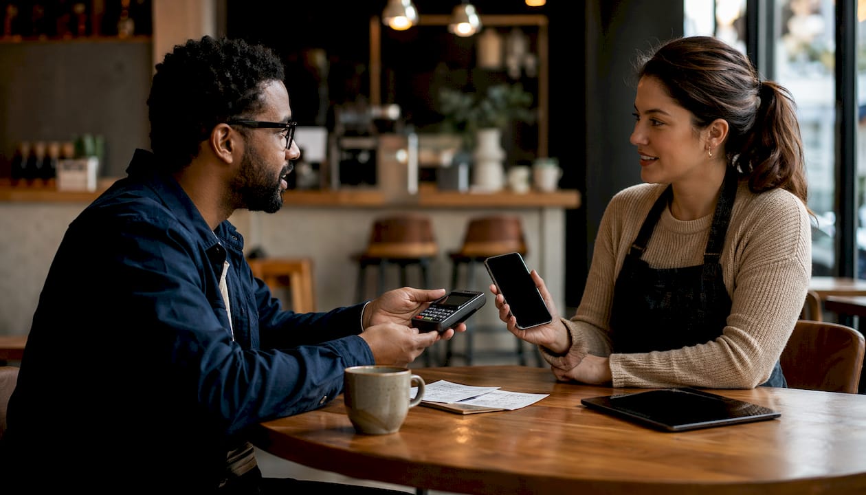 Small business owners exchanging payment terminal