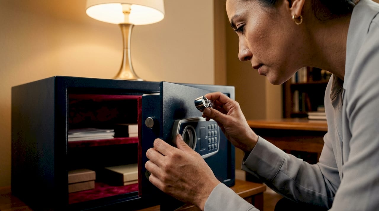 Hands inspecting luxury safe mechanical dial lock