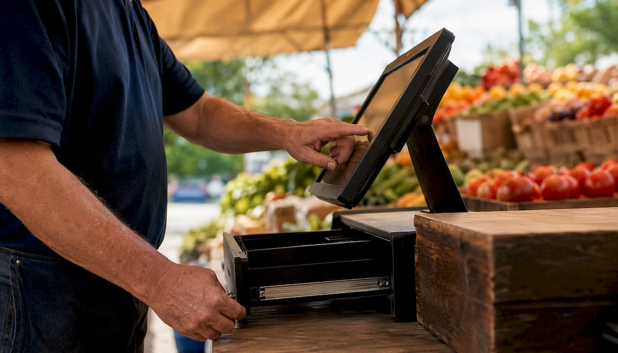 Cashier operating POS-integrated cash drawer
