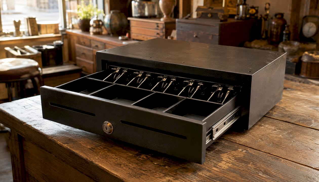 Close-up of reinforced steel cash drawer