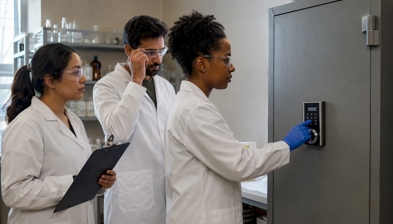 Hands locking hazardous materials cabinet