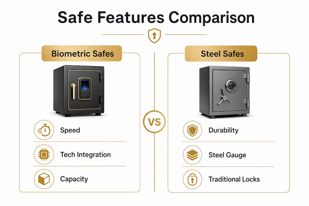 Infographic comparing biometric and steel gun safe features