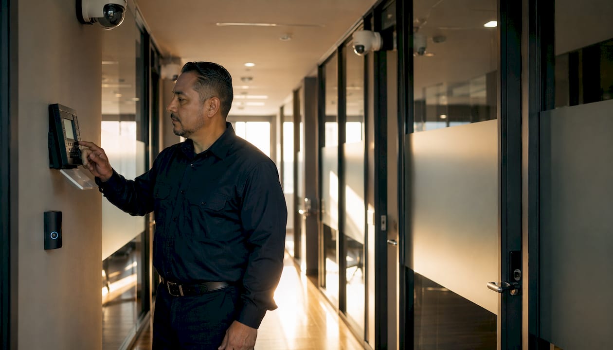Security technician checking alarm system