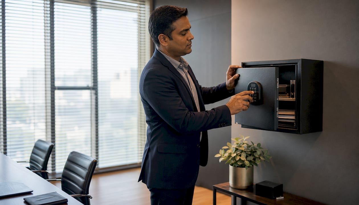 Man securing documents in office safe