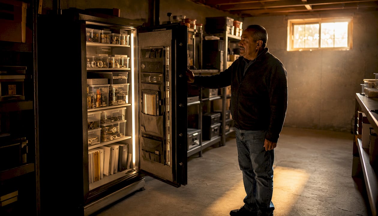 Bright LED-lit interior of home safe with organized boxes