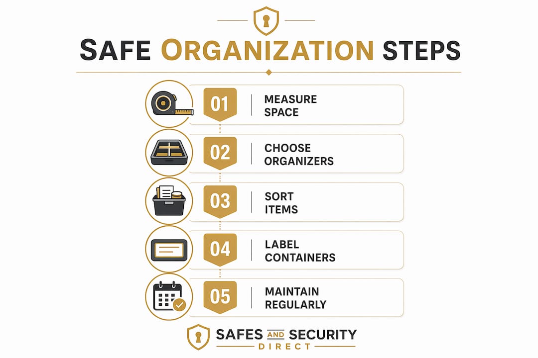 Infographic showing steps for organizing valuables in a home safe