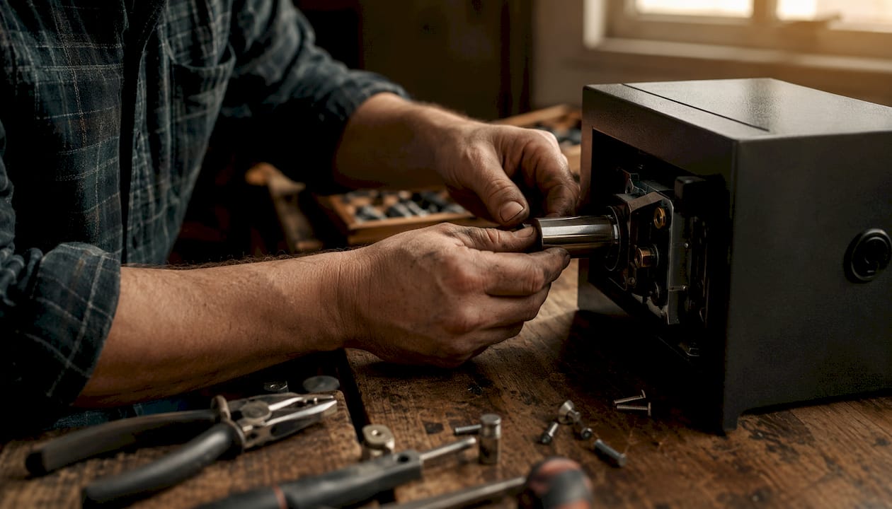 Hands assembling safe lock components on workbench