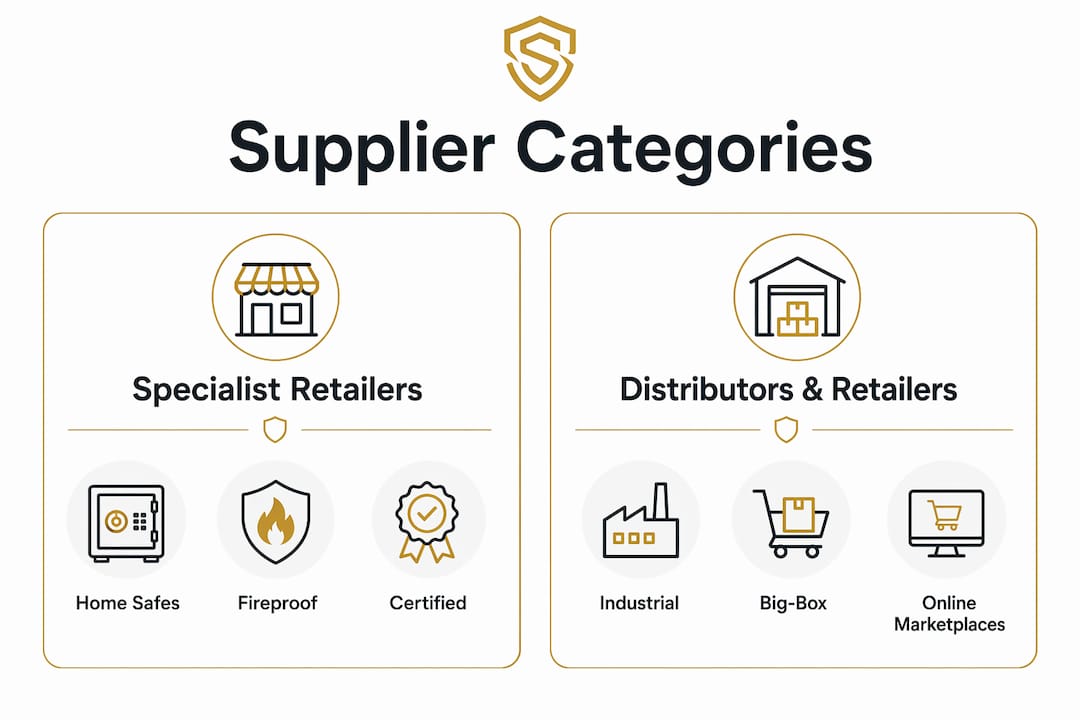 Infographic comparing supplier categories for safes and surveillance