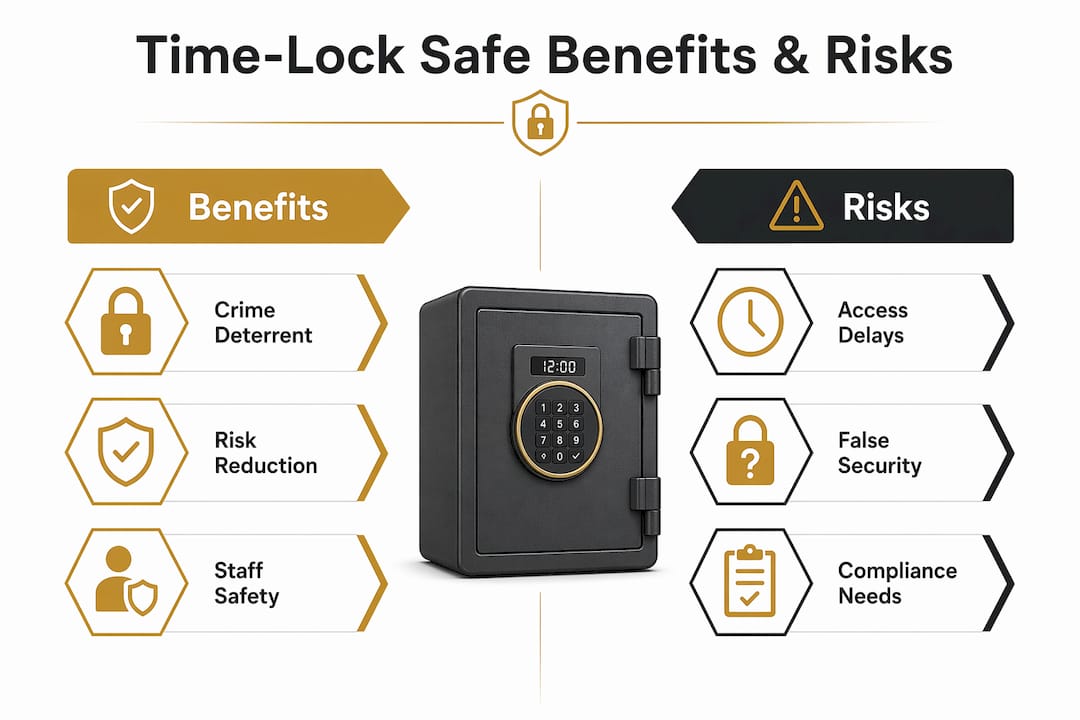 Infographic showing benefits and risks of time-lock safes