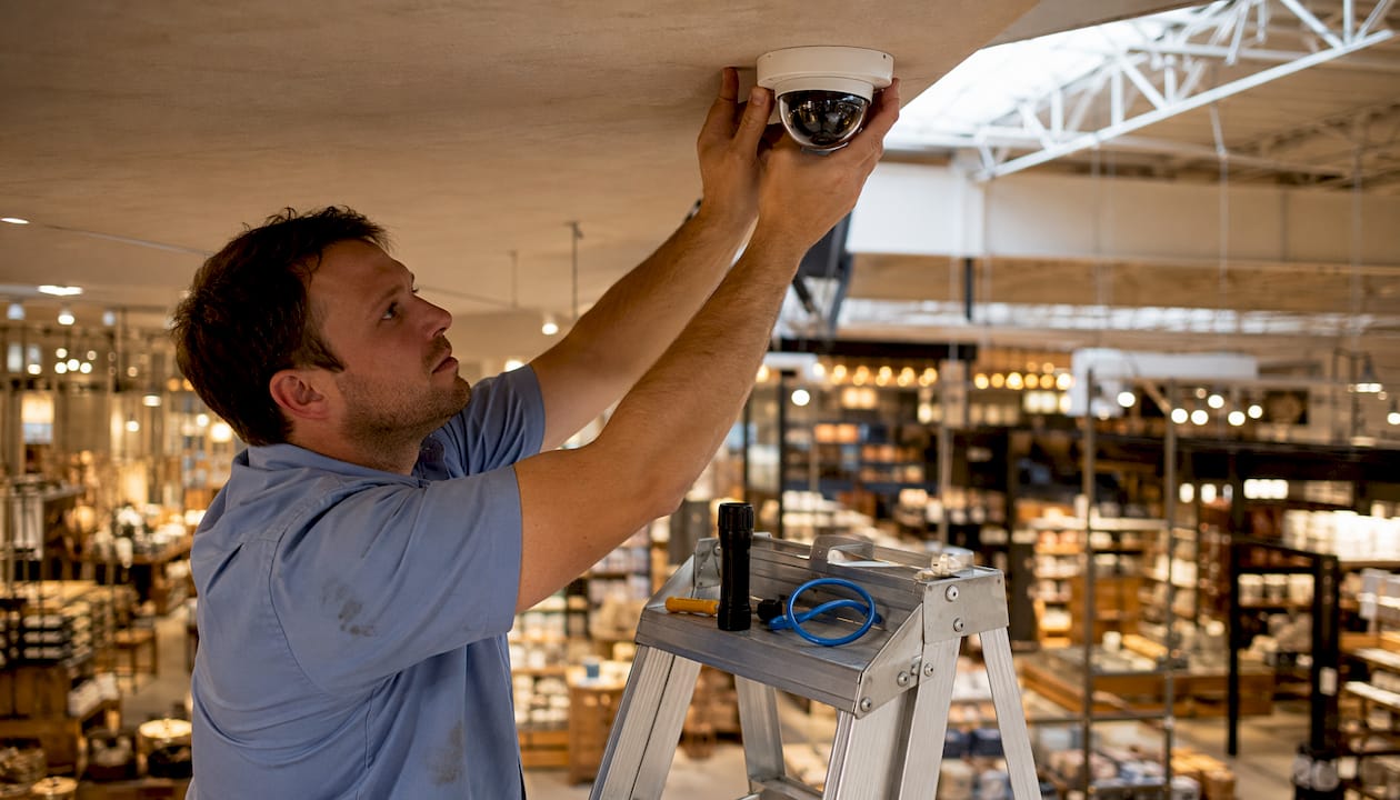 Technician adjusting retail security camera