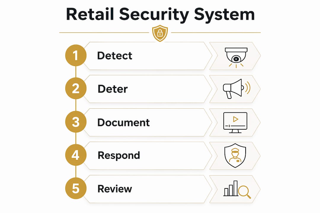 Infographic showing retail security system components in a vertical workflow