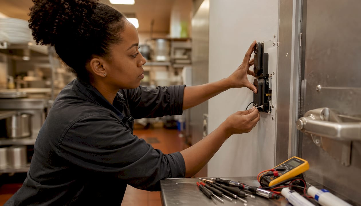 Hands installing cold-rated freezer lock