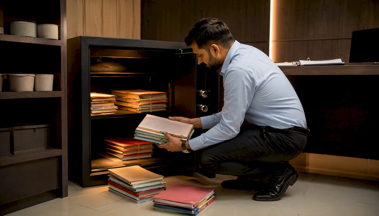 Man placing business ledgers in fireproof safe