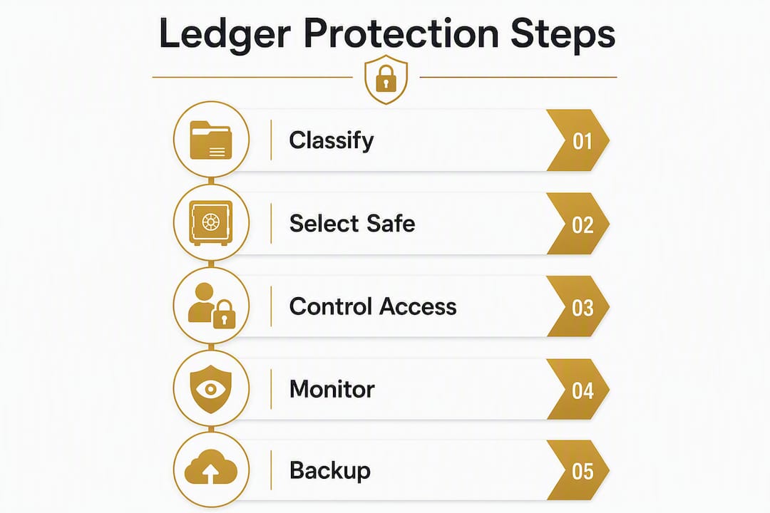 Infographic illustrating steps to protect financial ledgers