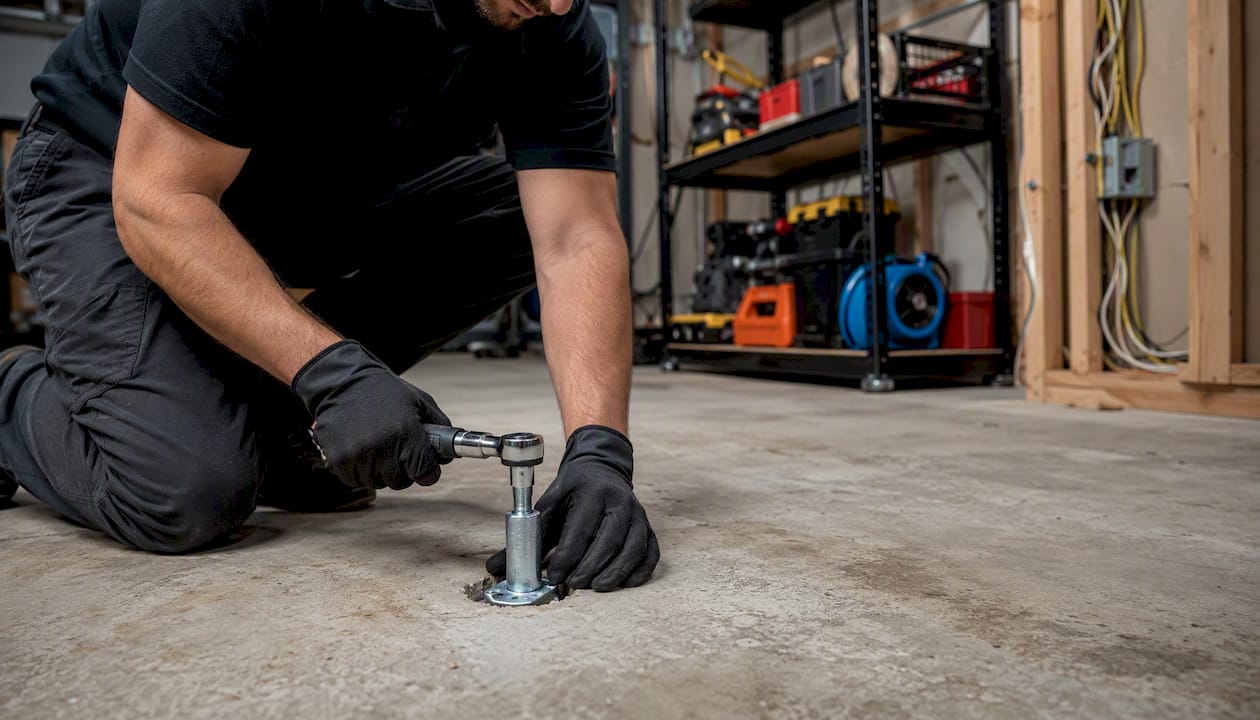 Hands anchoring safe into concrete floor with drill