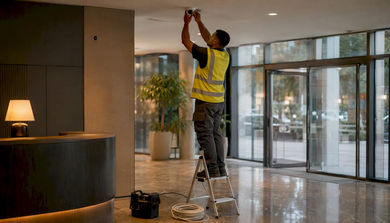 Technician installing dome surveillance camera outdoors