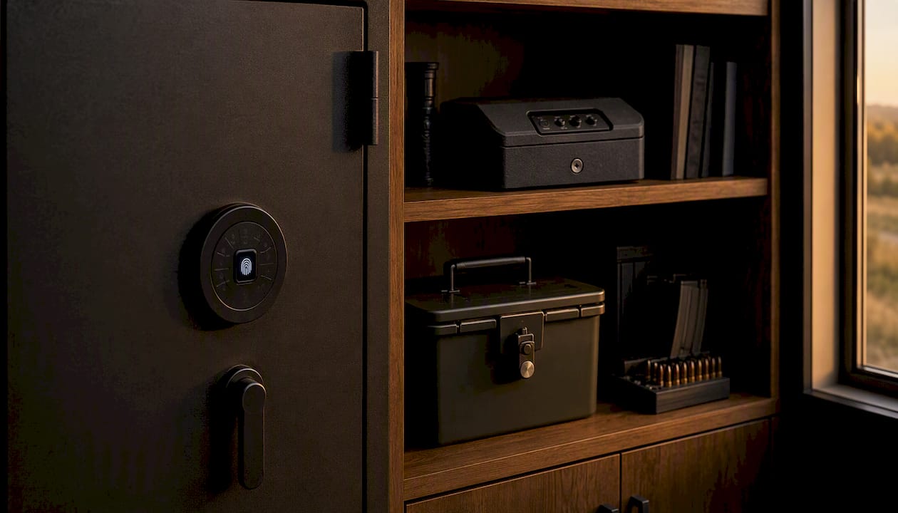 Layered gun safe and lockbox storage
