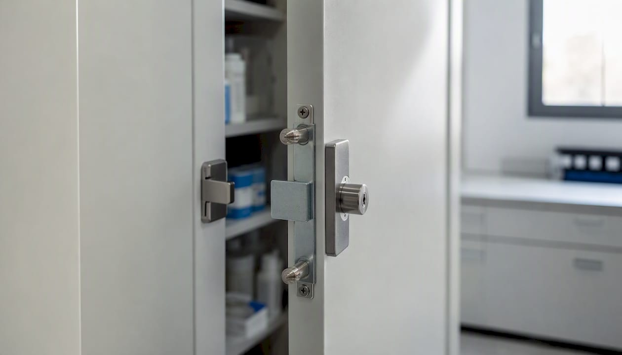 Close-up of secure pharmaceutical waste cabinet lock