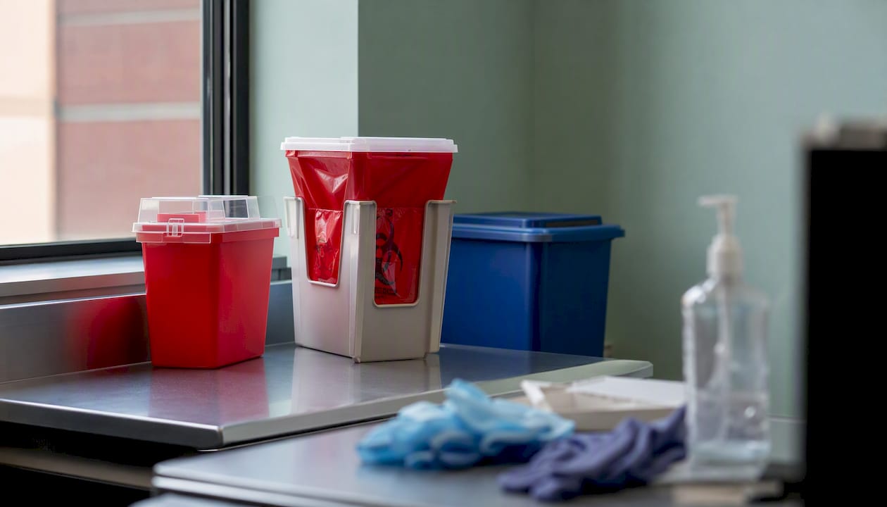 Clinical sharps containers and biohazard bags setup