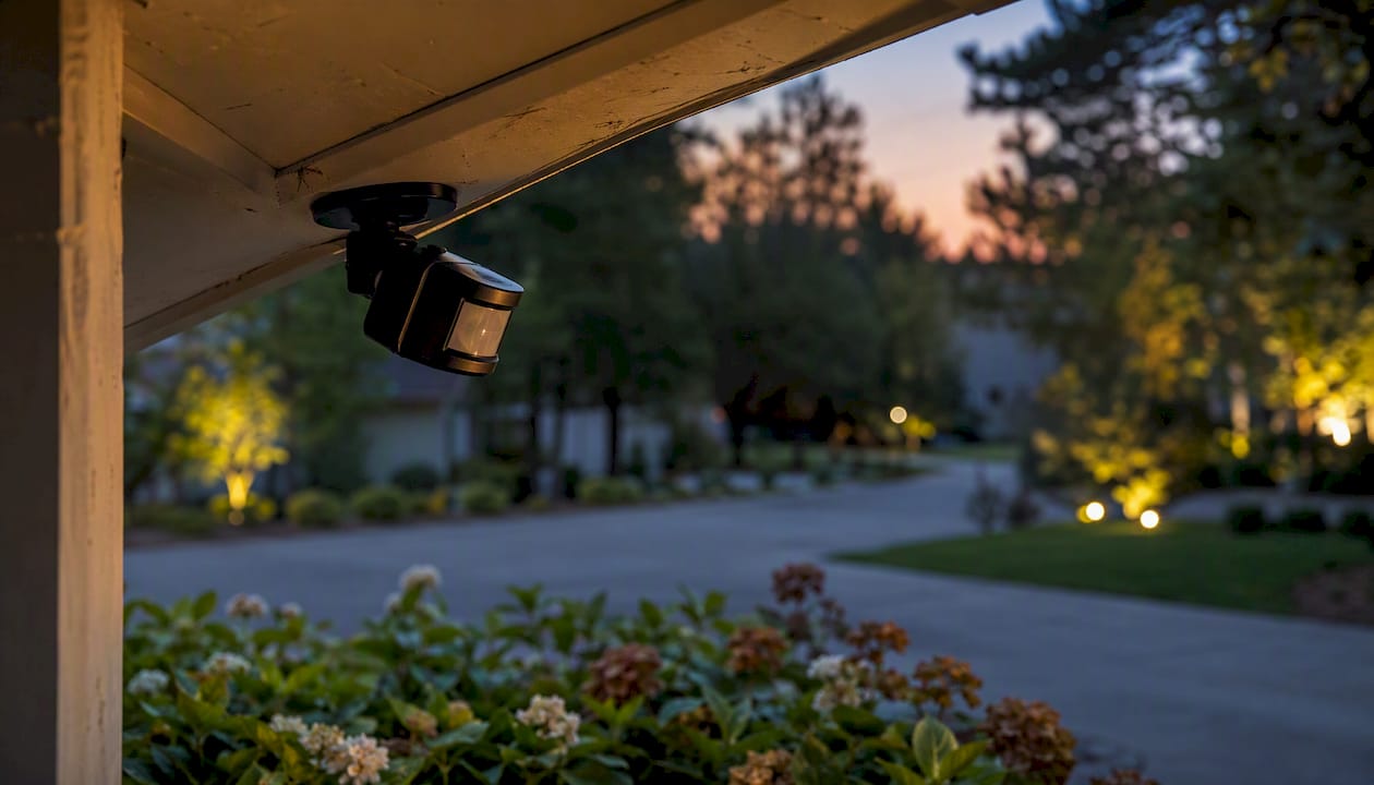 Outdoor motion sensor mounted on garage eave