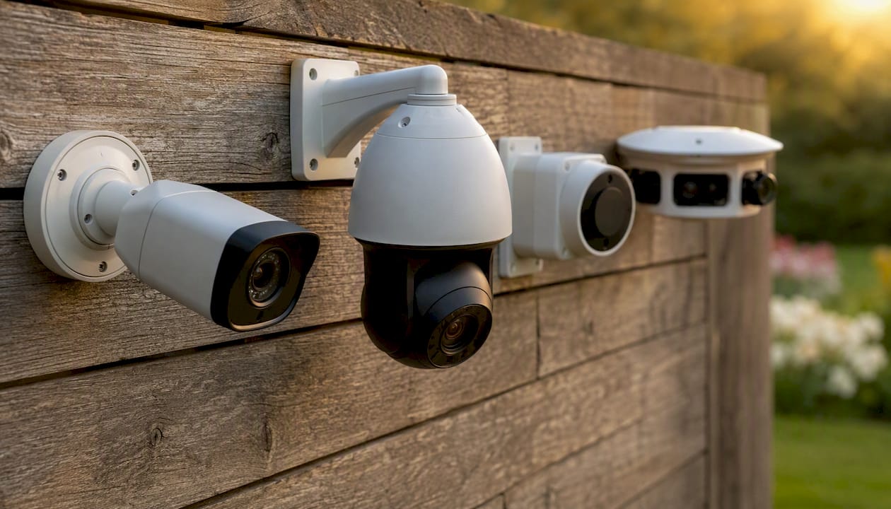 Various security cameras on estate fence