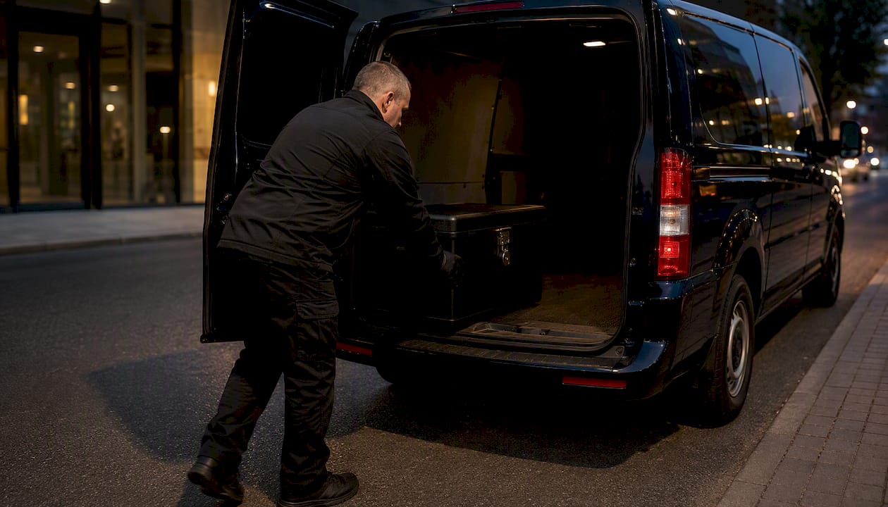 Security staff loading locked case into van