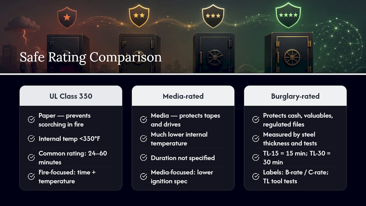 Comparison chart of fire and burglary safe ratings