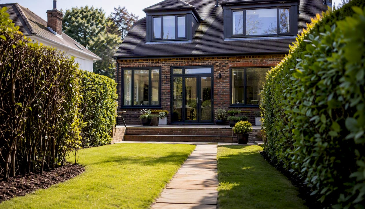 Trimmed bushes and pruned trees near house