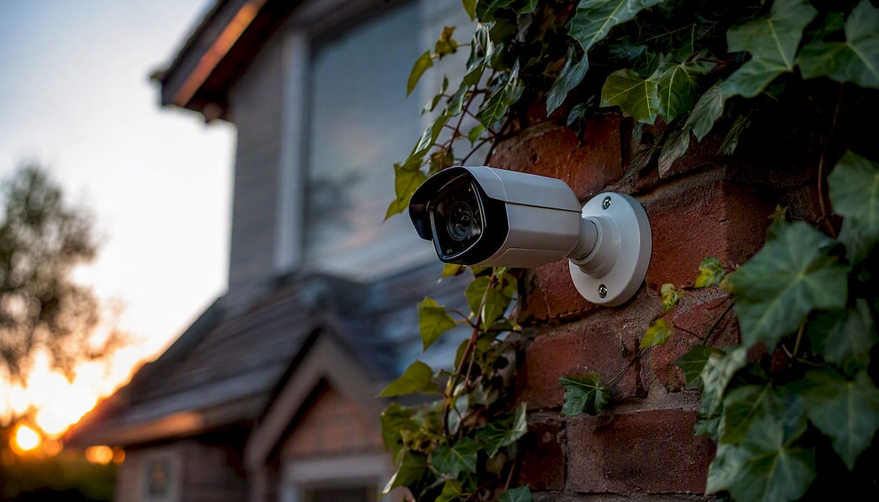 Close-up of home security camera on wall