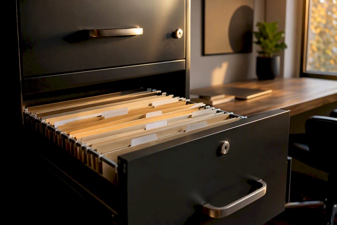 Open filing cabinet drawer with folders