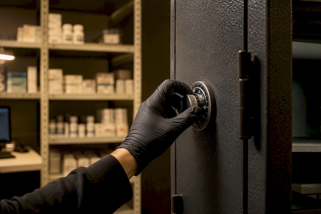 Hand testing safe lock in pharmacy