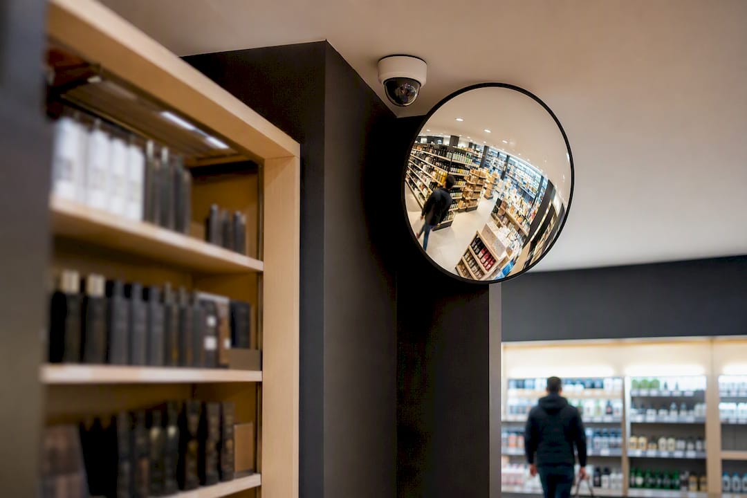 Convex mirror and security camera covering aisle blind spot