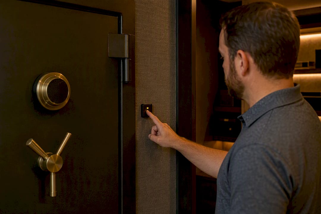 Hand pressing panic button inside vault room
