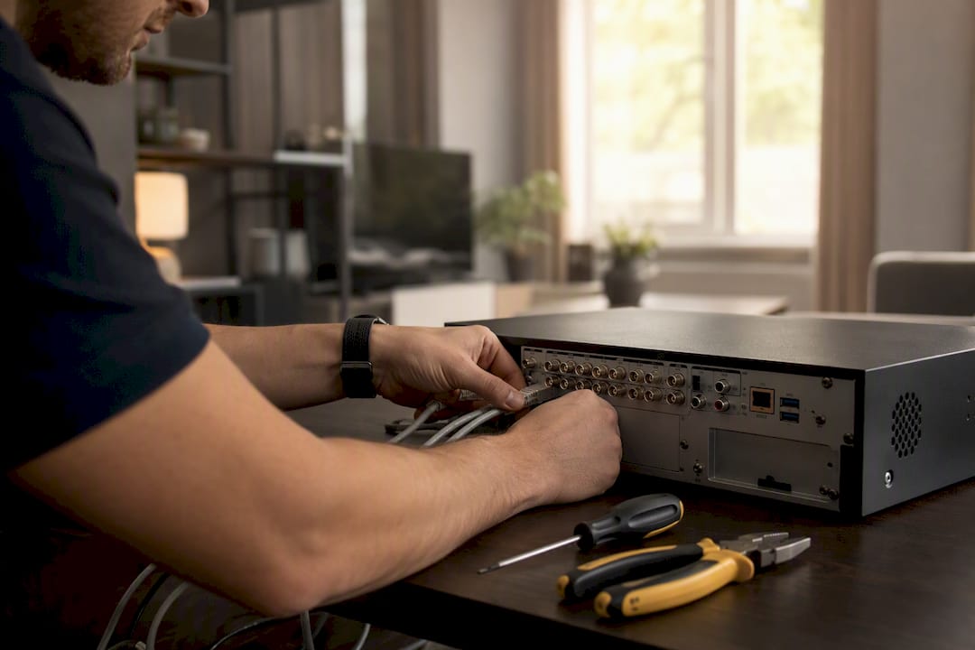 Hands connecting cables to security recorder