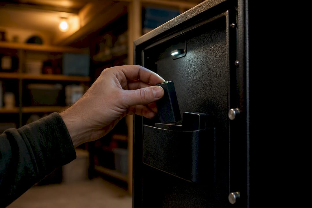 Hand storing spare battery in gun safe door pocket