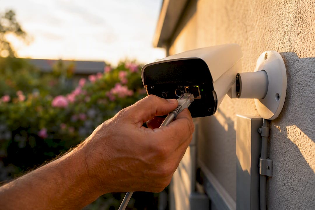 Hand connecting Ethernet cable to outdoor security camera